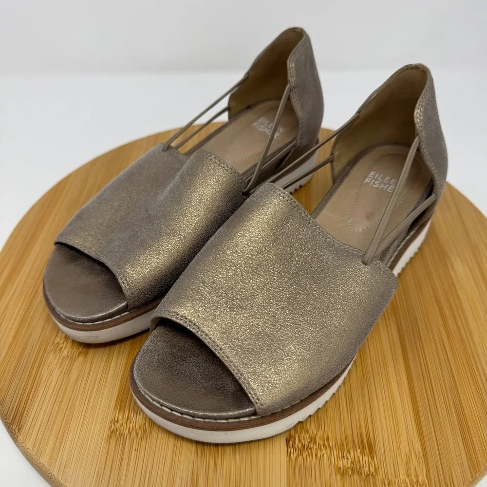 Eileen Fisher Gold Metallic Leather Platform Sandals Cutout 6.5 Open Toe Slides